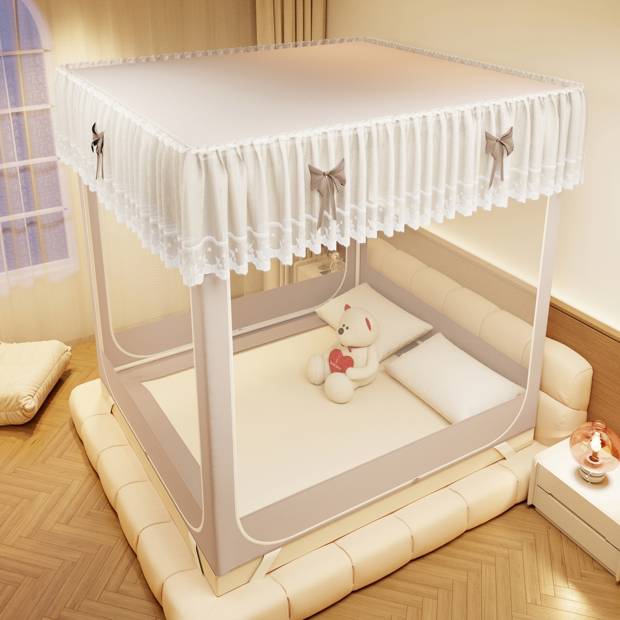 91家纺网 家纺一手货源 找家纺 夏彩 2025新款蕾丝U型防摔坐床蚊帐-88630 香槟色