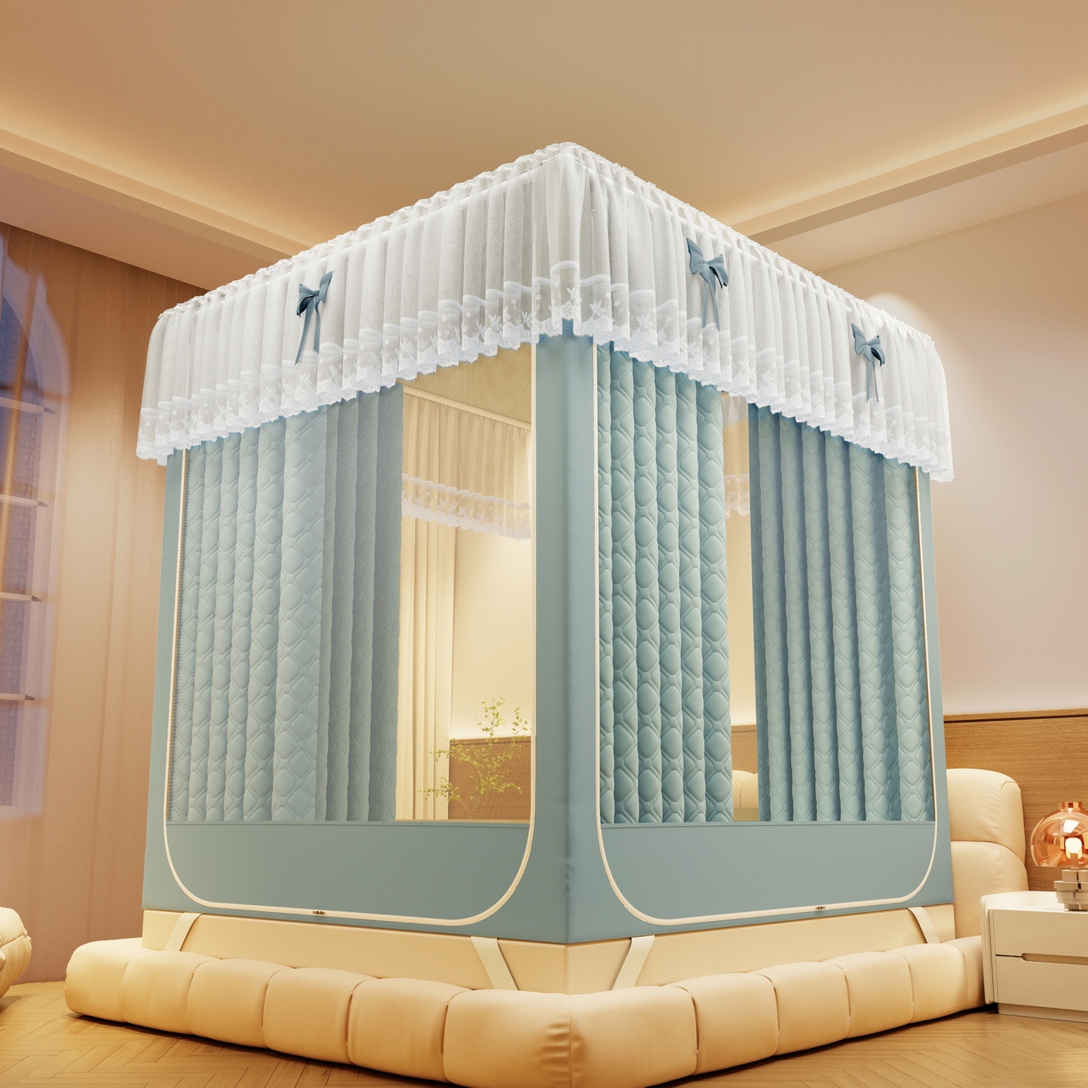 91家纺网 家纺一手货源 找家纺 （总）夏彩 2025新款五面保暖坐床拉链四季款蚊帐-88631