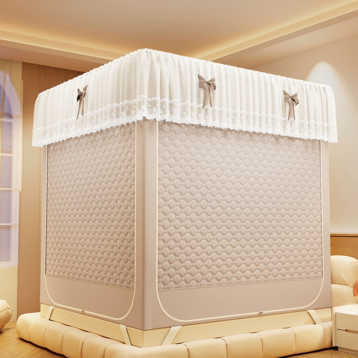 91家纺网 家纺一手货源 找家纺 （总）夏彩 2025新款五面保暖坐床拉链四季款蚊帐-88631