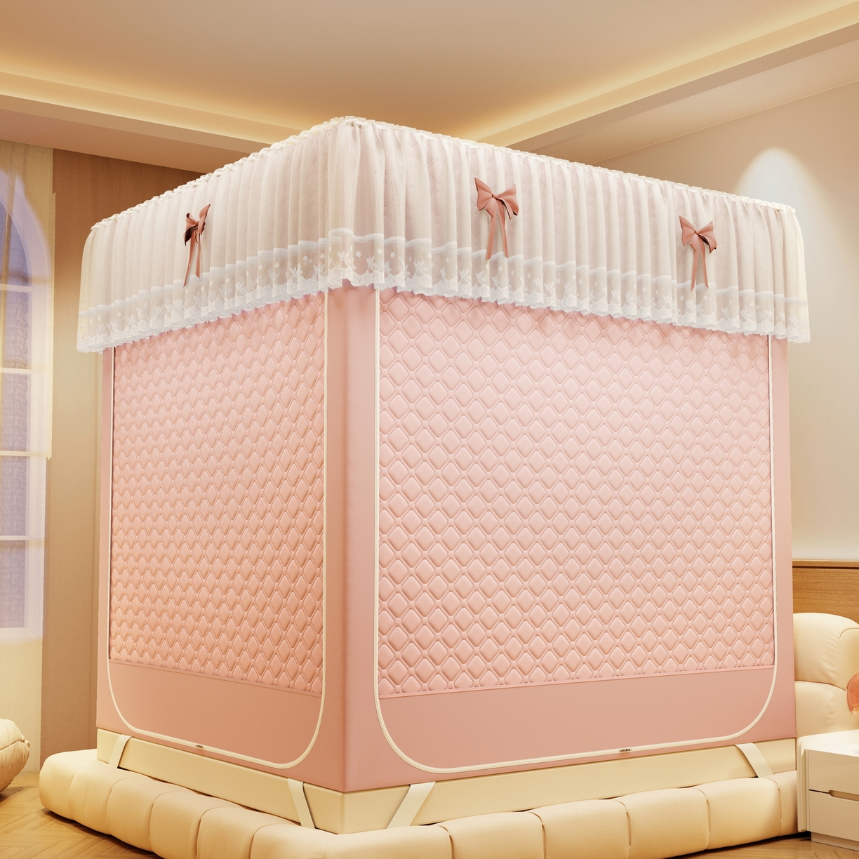 91家纺网 家纺一手货源 找家纺 （总）夏彩 2025新款五面保暖坐床拉链四季款蚊帐-88631