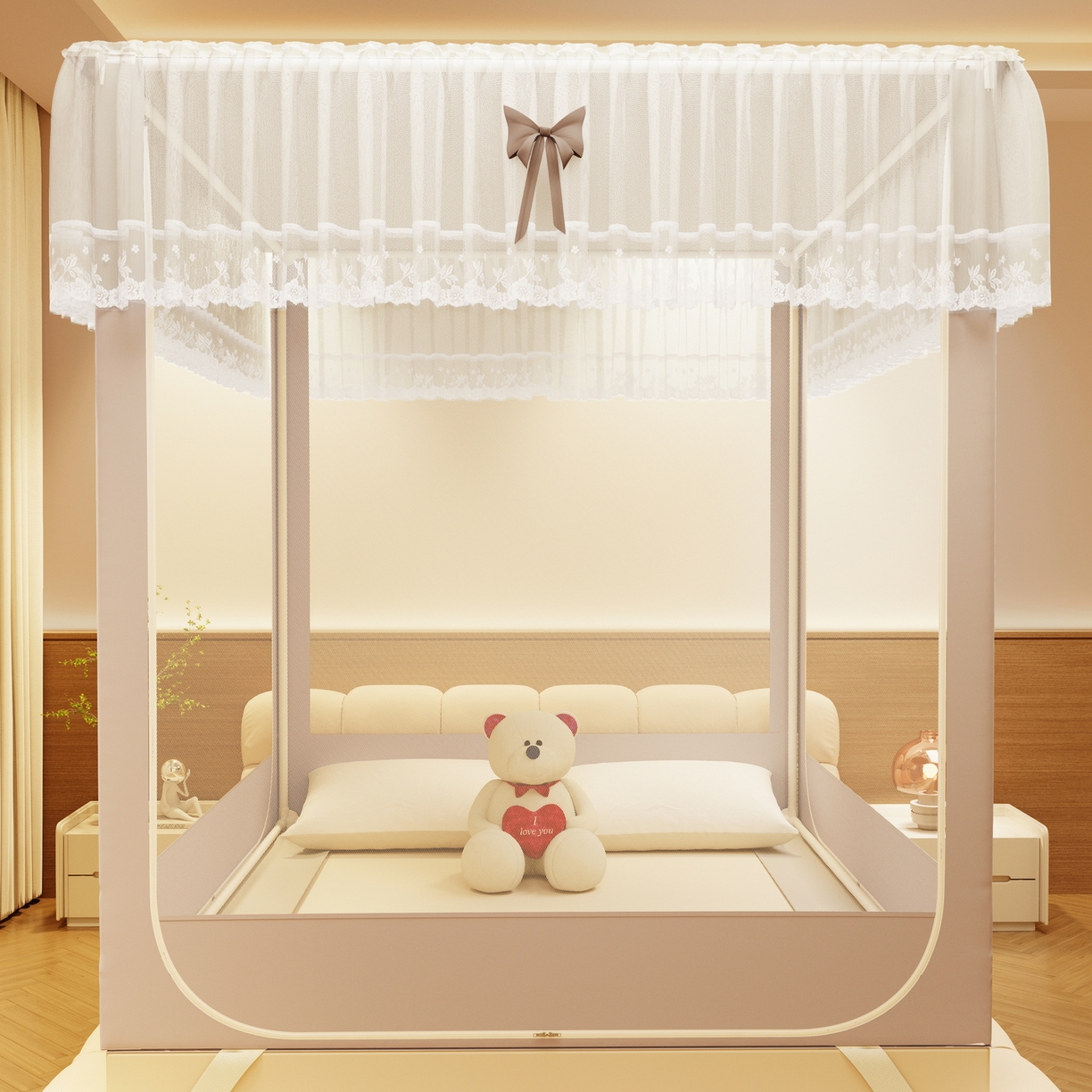 91家纺网 家纺一手货源 找家纺 夏彩 2025新款五面保暖坐床拉链四季款蚊帐-88631 香槟色