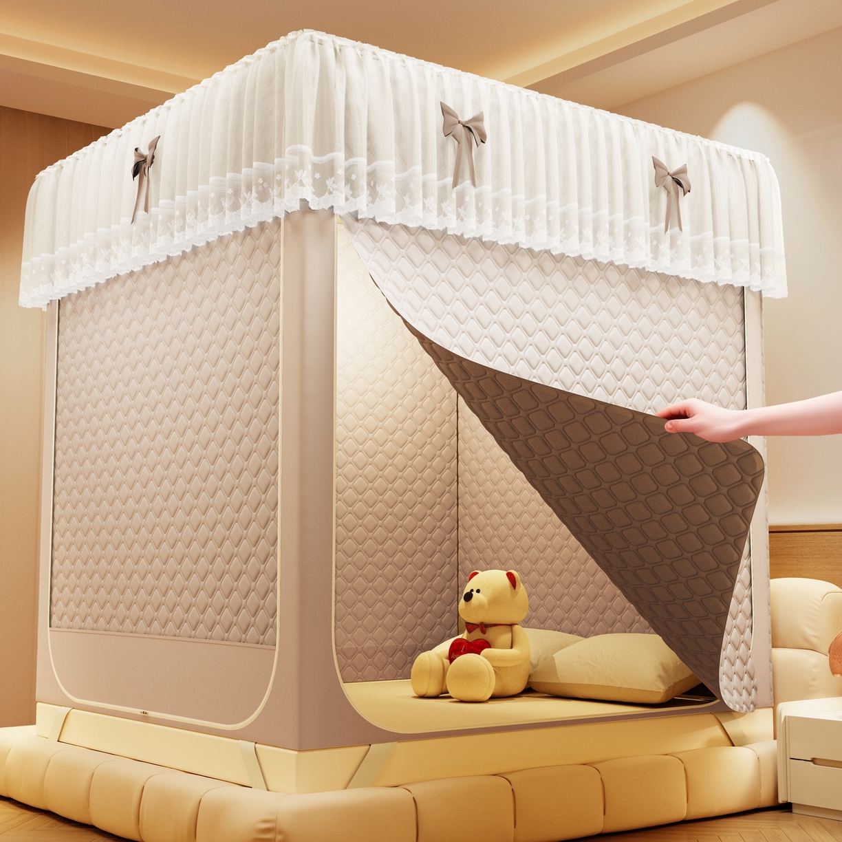 91家纺网 家纺一手货源 找家纺 夏彩 2025新款五面保暖坐床拉链四季款蚊帐-88631 香槟色