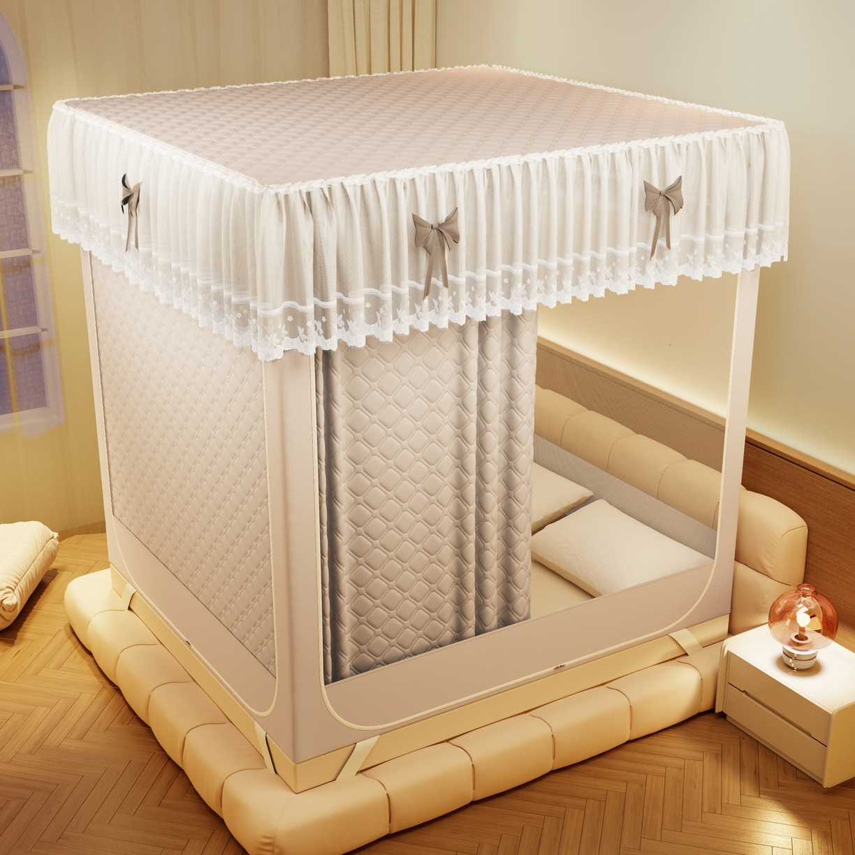 91家纺网 家纺一手货源 找家纺 夏彩 2025新款五面保暖坐床拉链四季款蚊帐-88631 香槟色