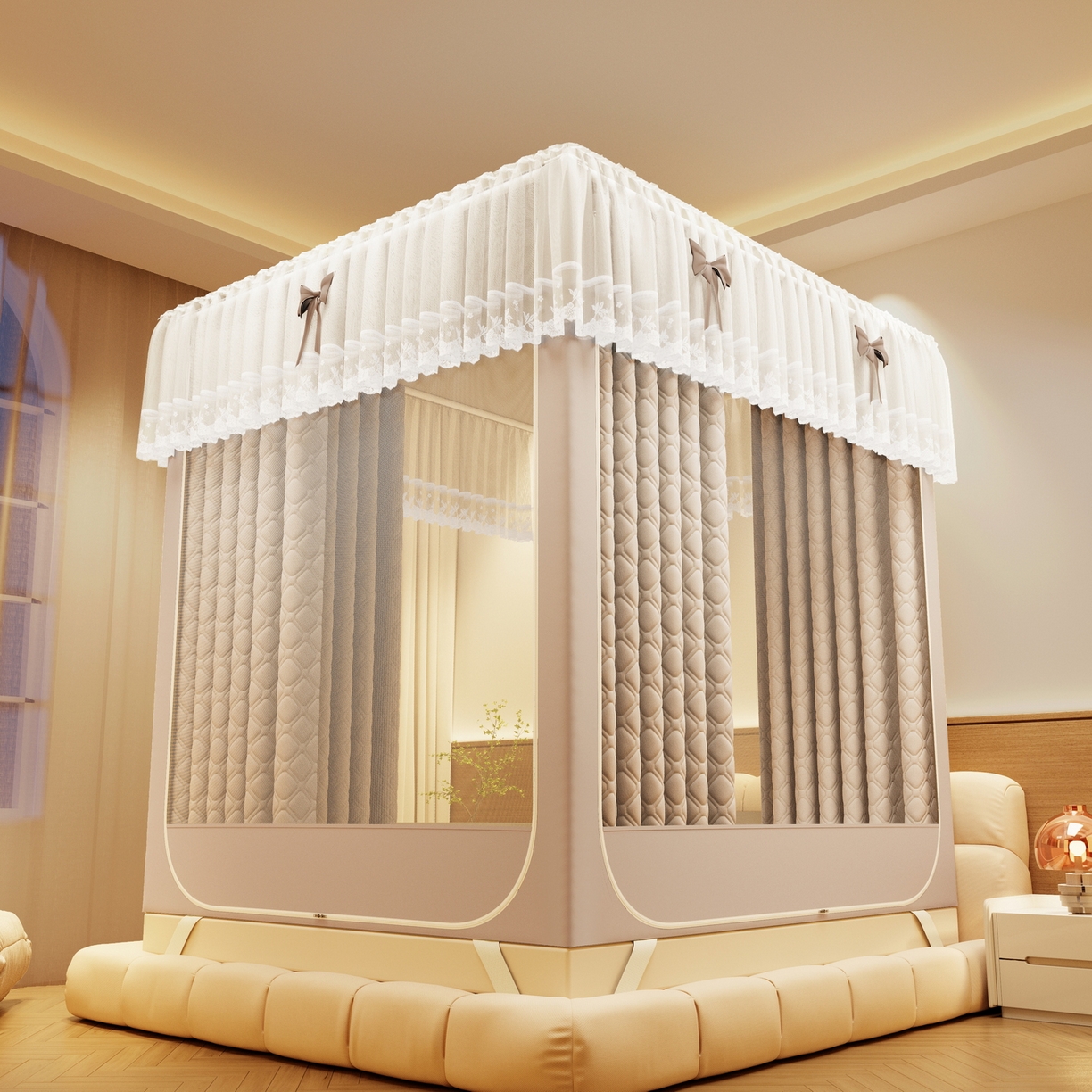 91家纺网 家纺一手货源 找家纺 夏彩 2025新款五面保暖坐床拉链四季款蚊帐-88631 香槟色