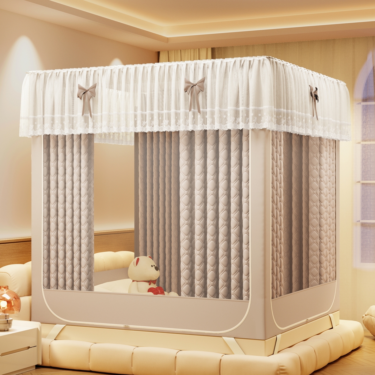 91家纺网 家纺一手货源 找家纺 夏彩 2025新款五面保暖坐床拉链四季款蚊帐-88631 香槟色