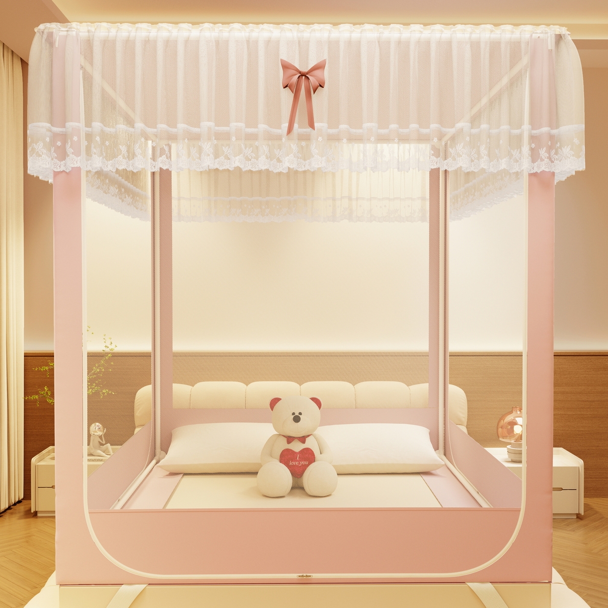 91家纺网 家纺一手货源 找家纺 夏彩 2025新款五面保暖坐床拉链四季款蚊帐-88631 藕玉色