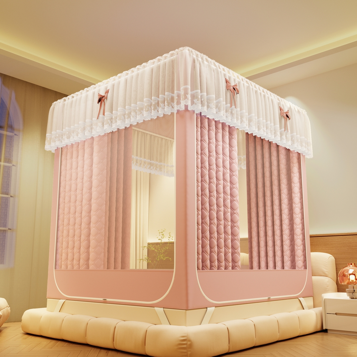 91家纺网 家纺一手货源 找家纺 夏彩 2025新款五面保暖坐床拉链四季款蚊帐-88631 藕玉色