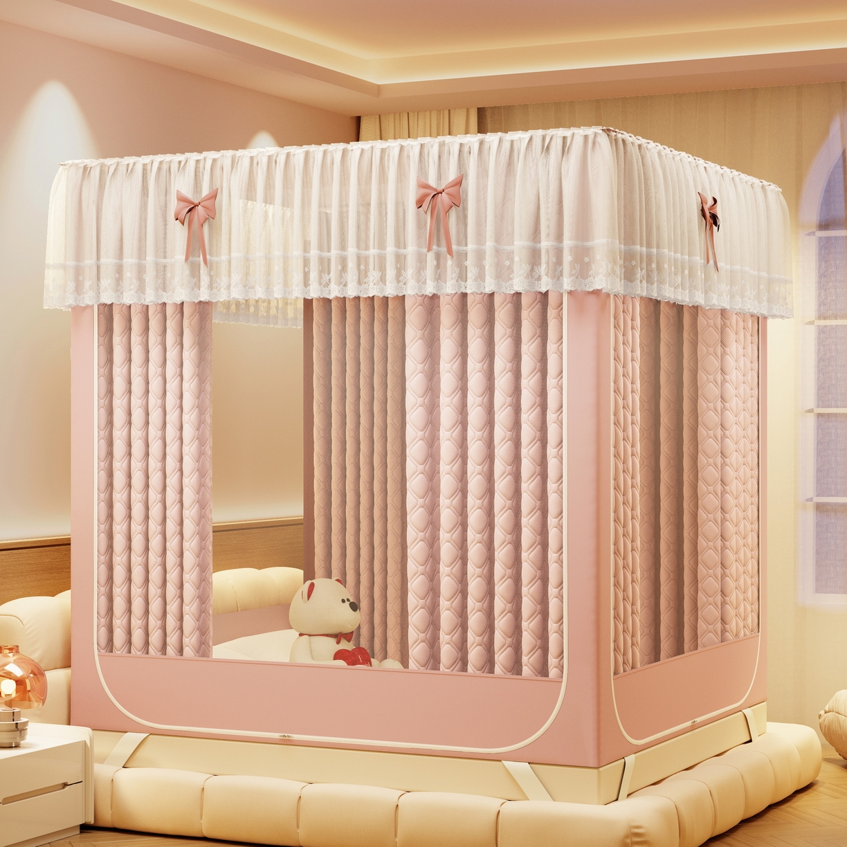 91家纺网 家纺一手货源 找家纺 夏彩 2025新款五面保暖坐床拉链四季款蚊帐-88631 藕玉色