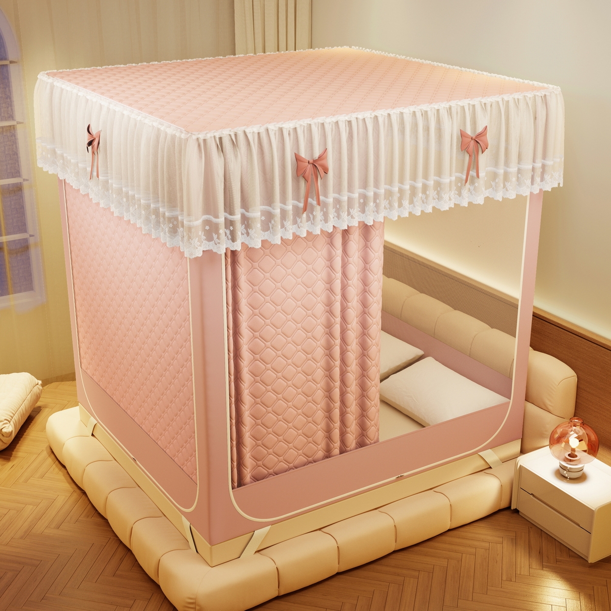 91家纺网 家纺一手货源 找家纺 夏彩 2025新款五面保暖坐床拉链四季款蚊帐-88631 藕玉色