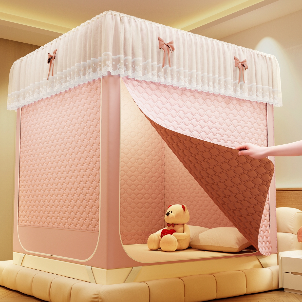 91家纺网 家纺一手货源 找家纺 夏彩 2025新款五面保暖坐床拉链四季款蚊帐-88631 藕玉色