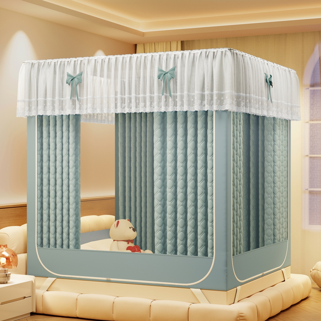 91家纺网 家纺一手货源 找家纺 夏彩 2025新款五面保暖坐床拉链四季款蚊帐-88631 绿雅灰