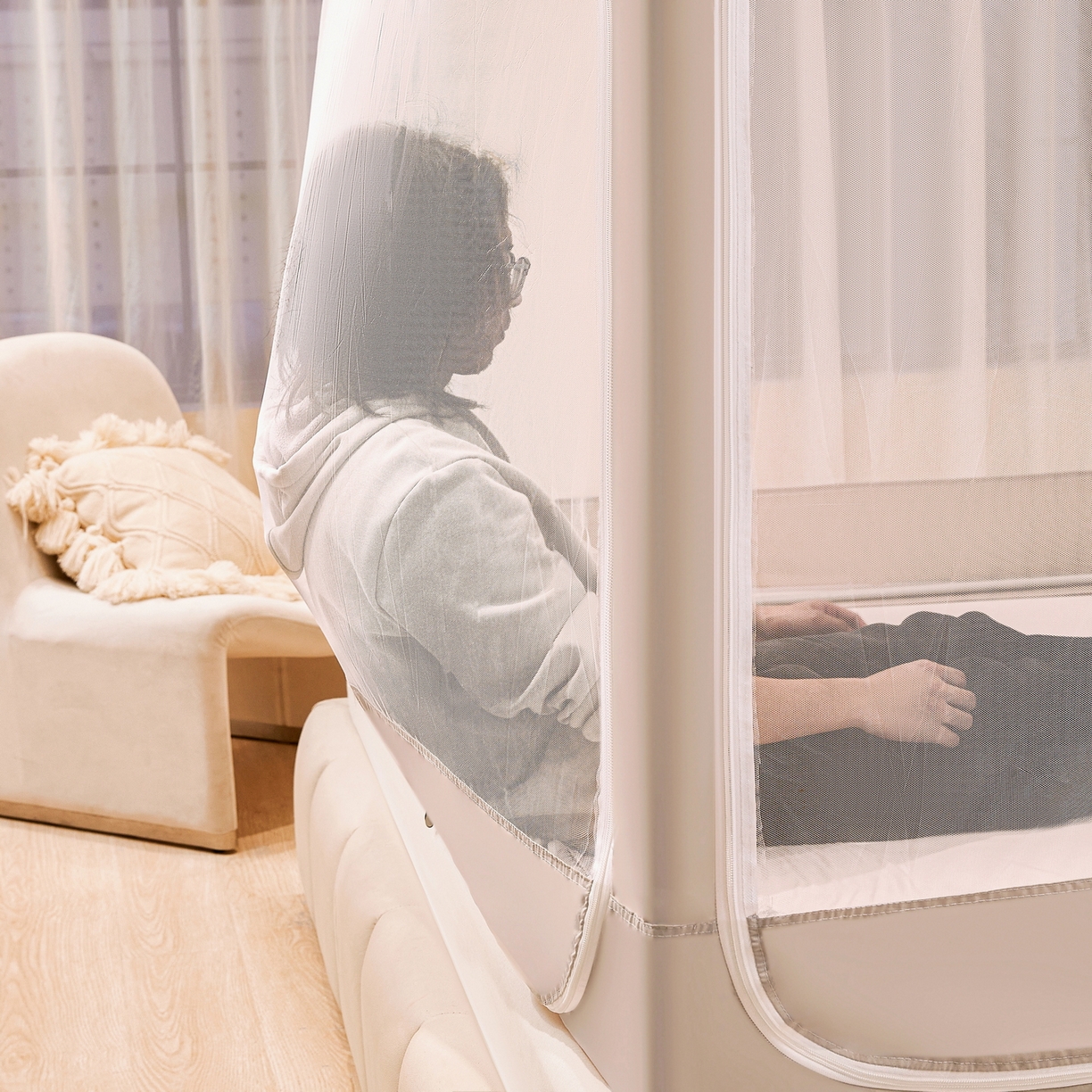 91家纺网 家纺一手货源 找家纺 夏彩 2025新款五面保暖坐床拉链四季款蚊帐-88631 香槟色