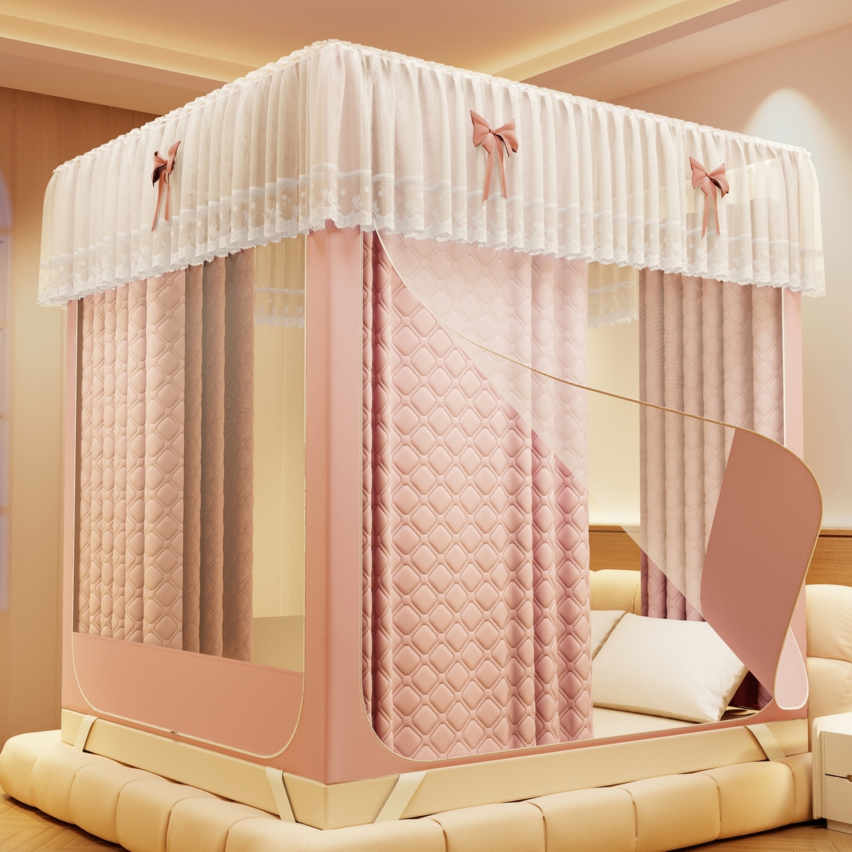 91家纺网 家纺一手货源 找家纺 夏彩 2025新款五面保暖坐床拉链四季款蚊帐-88631 藕玉色