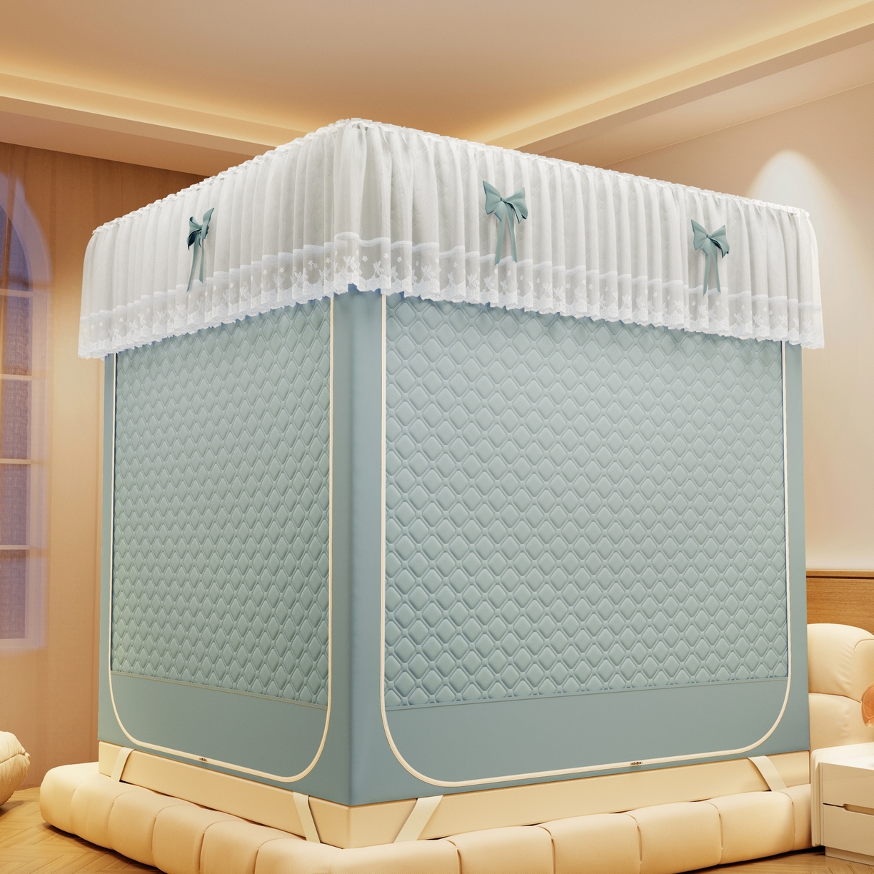 91家纺网 家纺一手货源 找家纺 夏彩 2025新款五面保暖坐床拉链四季款蚊帐-88631 绿雅灰