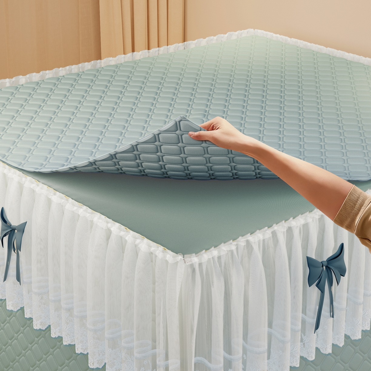 91家纺网 家纺一手货源 找家纺 夏彩 2025新款五面保暖坐床拉链四季款蚊帐-88631 绿雅灰