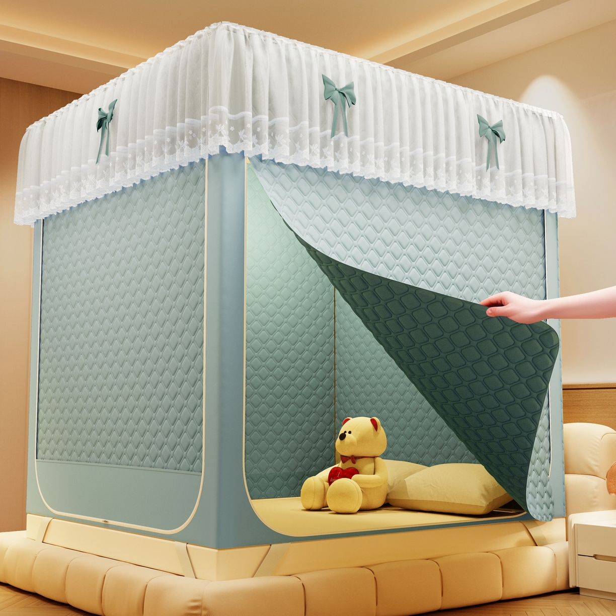 91家纺网 家纺一手货源 找家纺 夏彩 2025新款五面保暖坐床拉链四季款蚊帐-88631 绿雅灰