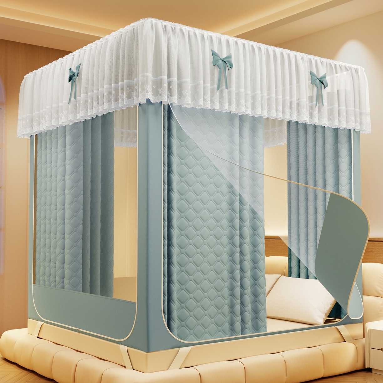 91家纺网 家纺一手货源 找家纺 夏彩 2025新款五面保暖坐床拉链四季款蚊帐-88631 绿雅灰