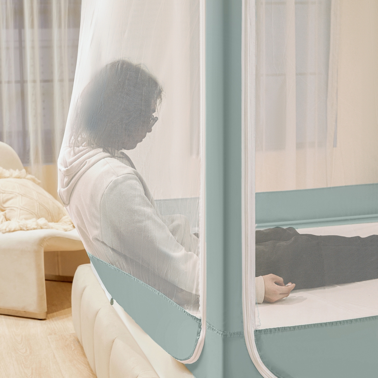 91家纺网 家纺一手货源 找家纺 夏彩 2025新款五面保暖坐床拉链四季款蚊帐-88631 绿雅灰