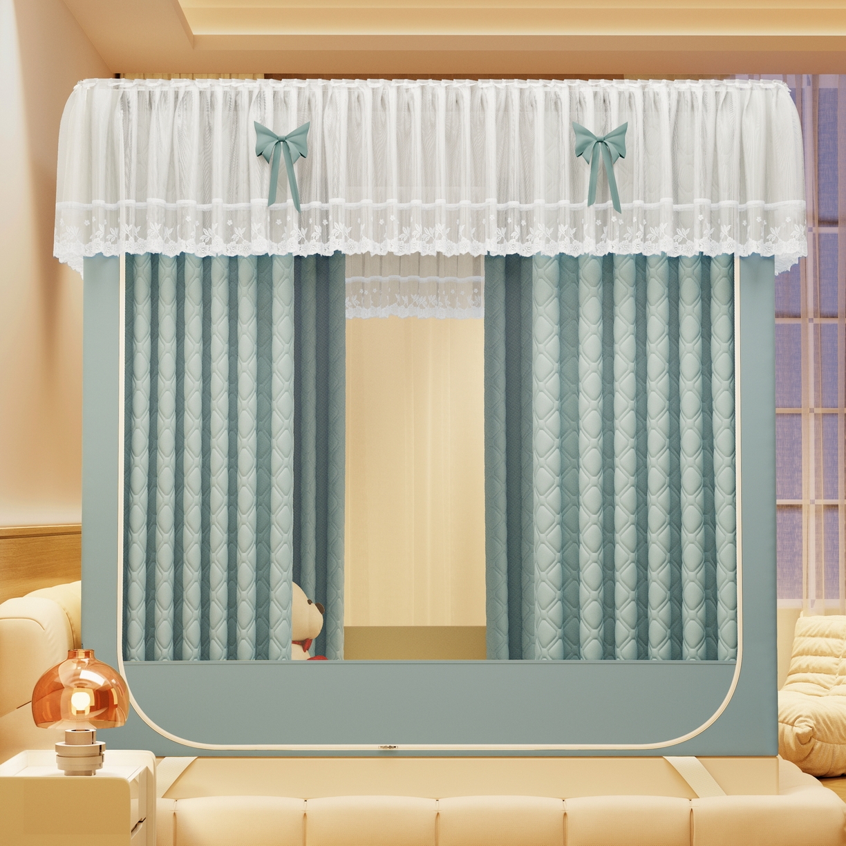 91家纺网 家纺一手货源 找家纺 夏彩 2025新款五面保暖坐床拉链四季款蚊帐-88631 绿雅灰