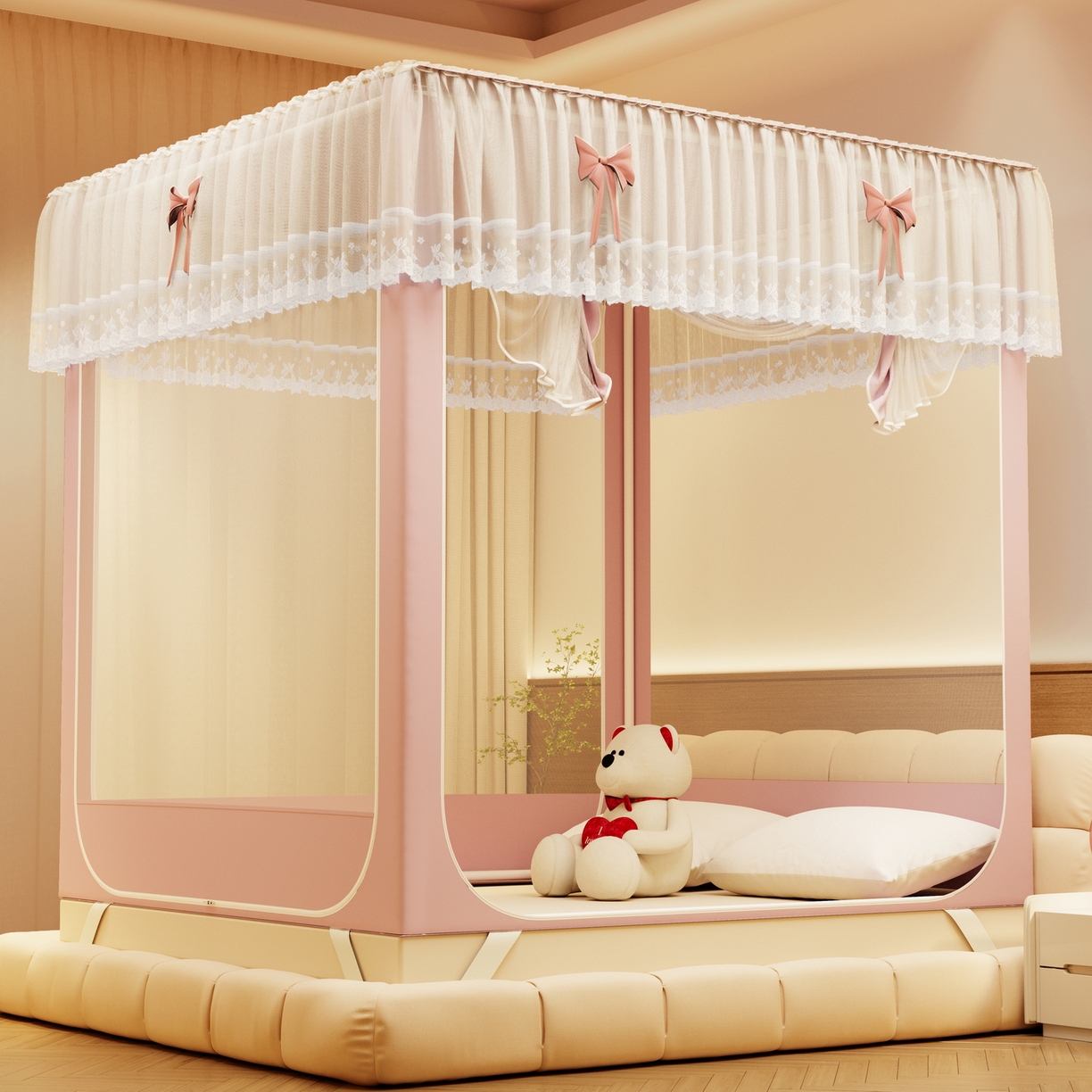 91家纺网 家纺一手货源 找家纺 夏彩 2025新款五面保暖坐床拉链四季款蚊帐-88631 藕玉色