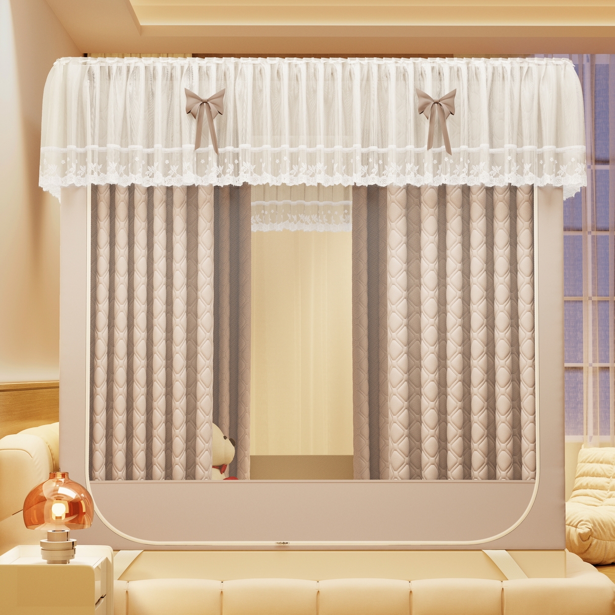 91家纺网 家纺一手货源 找家纺 夏彩 2025新款五面保暖坐床拉链四季款蚊帐-88631 香槟色