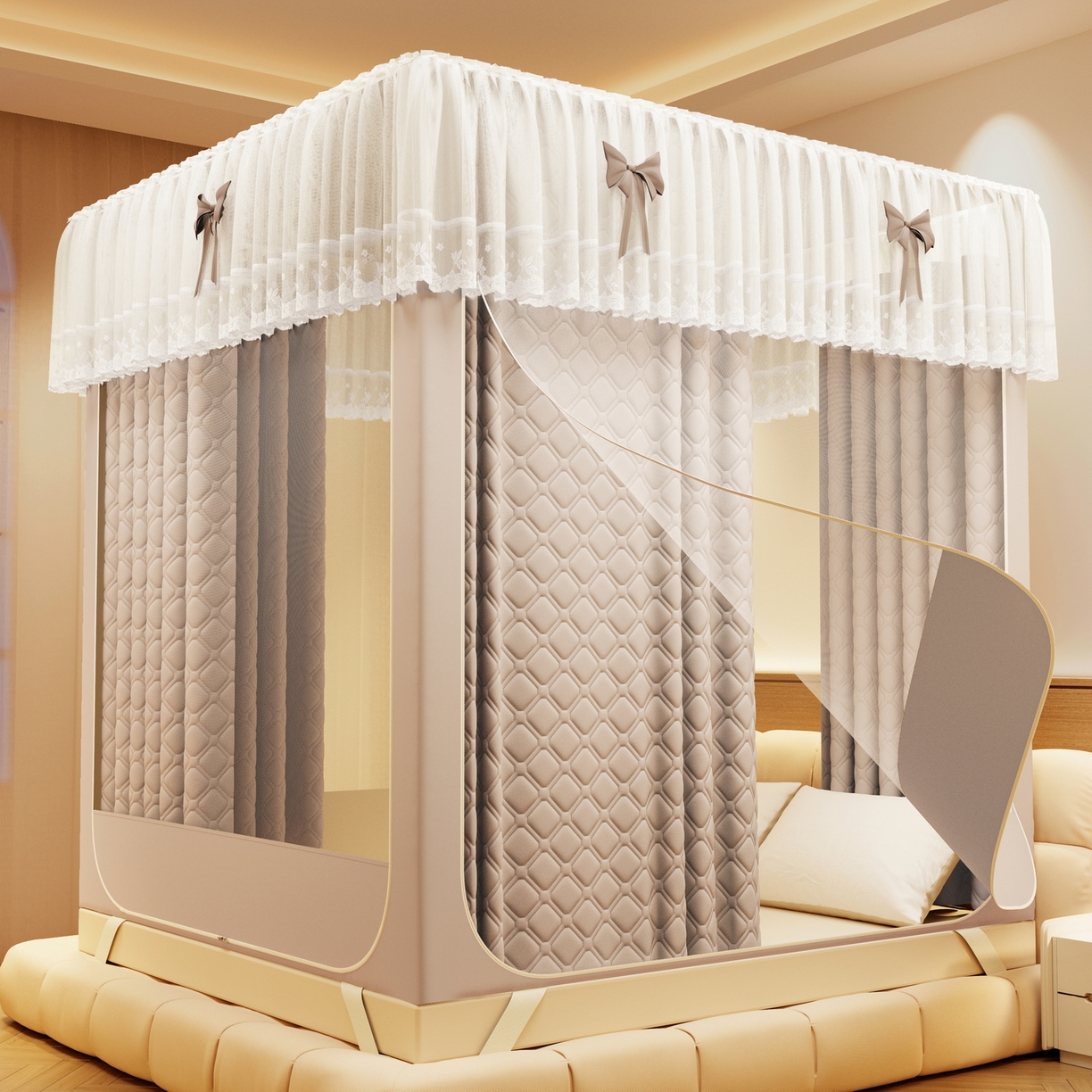 91家纺网 家纺一手货源 找家纺 夏彩 2025新款五面保暖坐床拉链四季款蚊帐-88631 香槟色