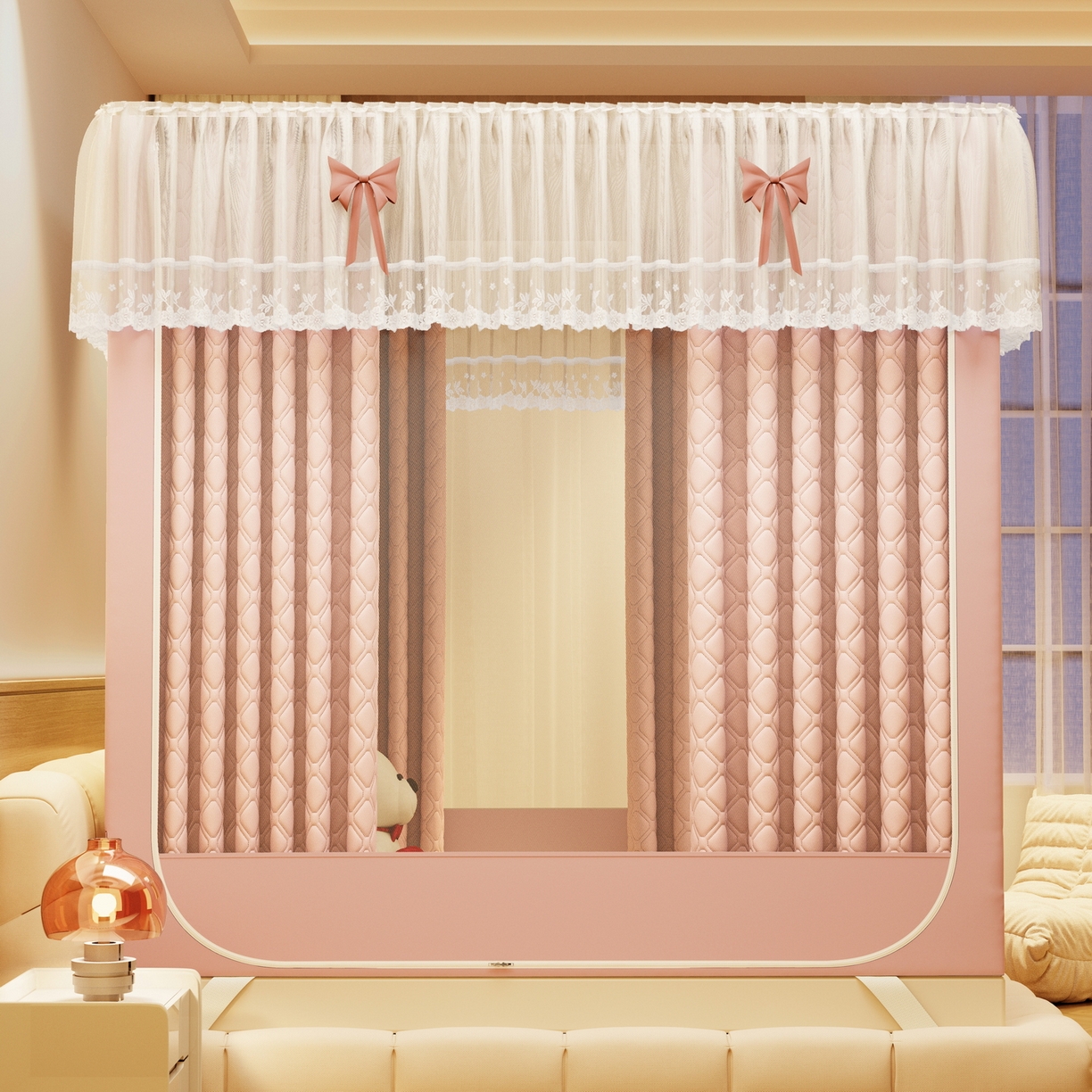 91家纺网 家纺一手货源 找家纺 夏彩 2025新款五面保暖坐床拉链四季款蚊帐-88631 藕玉色