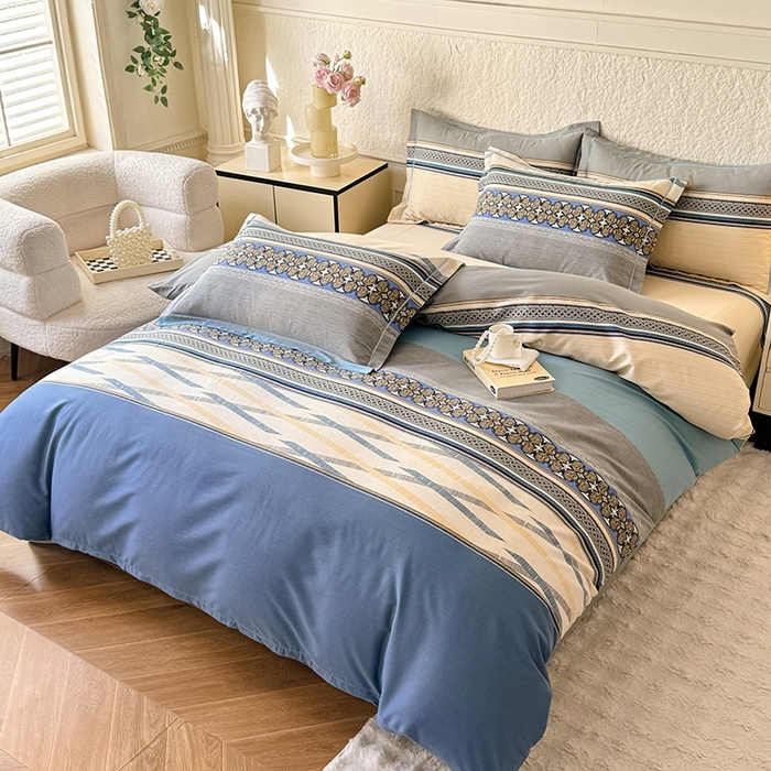 91家纺网 家纺一手货源 找家纺 木易家居 2026新款全棉磨毛印花四件套 奥斯丁 蓝