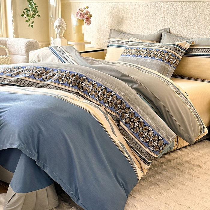 91家纺网 家纺一手货源 找家纺 木易家居 2026新款全棉磨毛印花四件套 奥斯丁 蓝