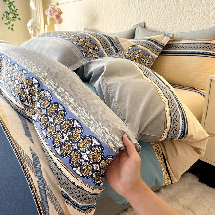 91家纺网 家纺一手货源 找家纺 木易家居 2026新款全棉磨毛印花四件套 奥斯丁 蓝