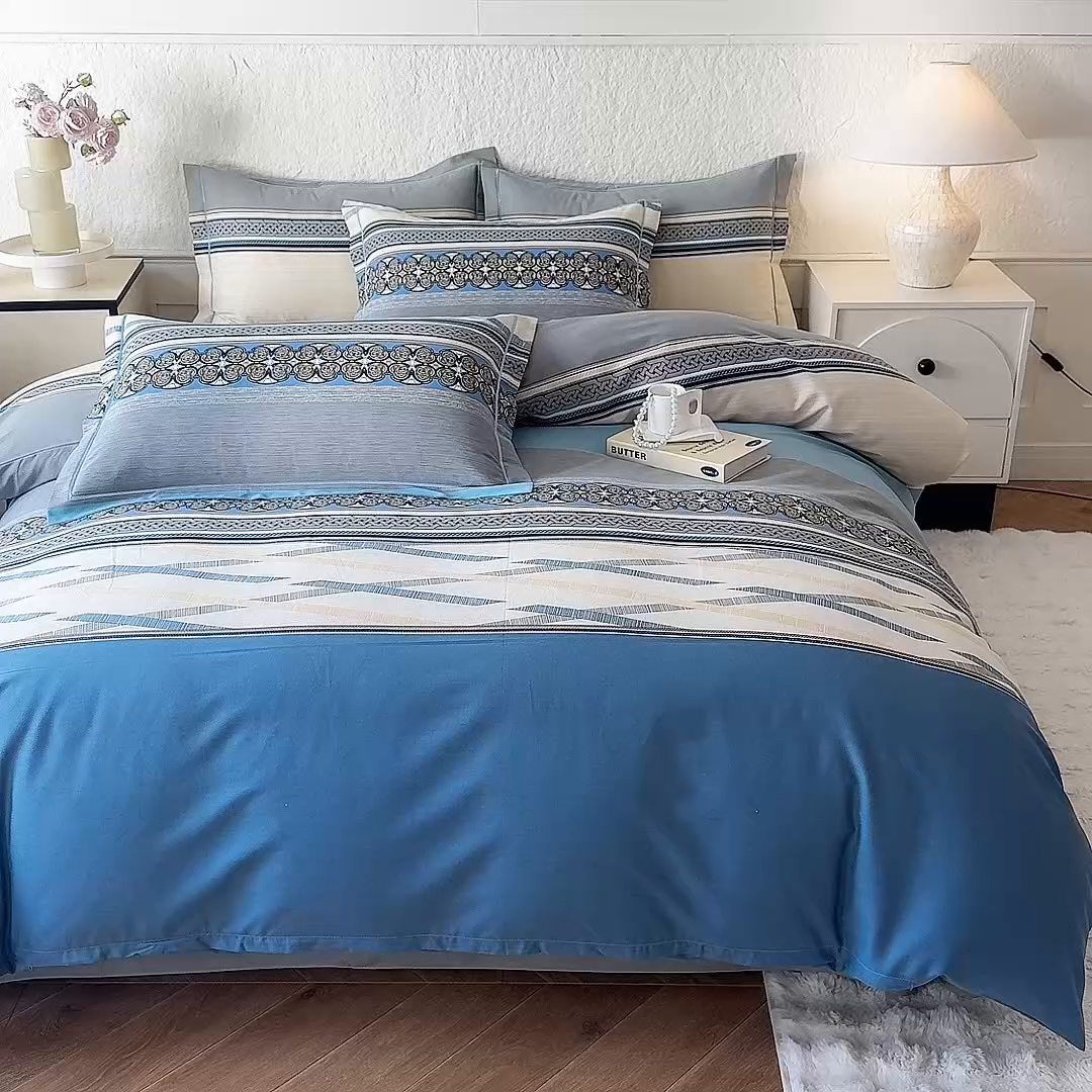 91家纺网 家纺一手货源 找家纺 木易家居 2026新款全棉磨毛印花四件套 奥斯丁 蓝