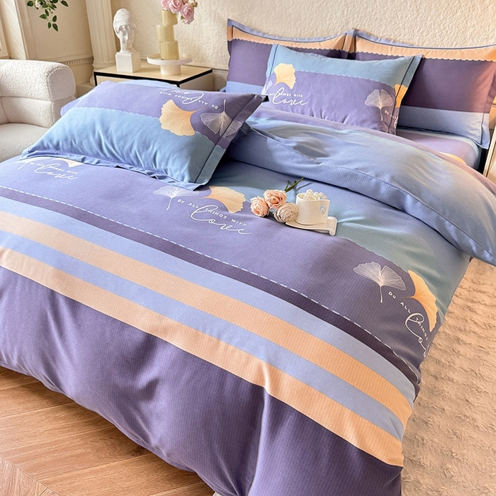 91家纺网 家纺一手货源 找家纺 木易家居 2026新款全棉磨毛印花四件套 若雨千叶