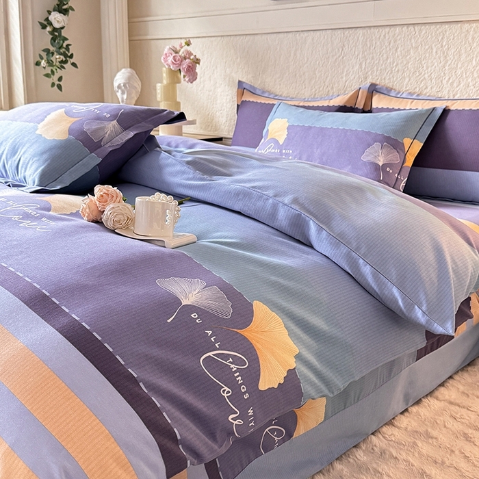 91家纺网 家纺一手货源 找家纺 木易家居 2026新款全棉磨毛印花四件套 若雨千叶