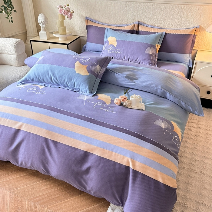 91家纺网 家纺一手货源 找家纺 木易家居 2026新款全棉磨毛印花四件套 若雨千叶