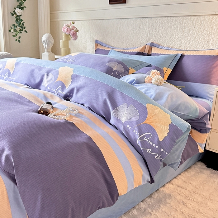 91家纺网 家纺一手货源 找家纺 木易家居 2026新款全棉磨毛印花四件套 若雨千叶