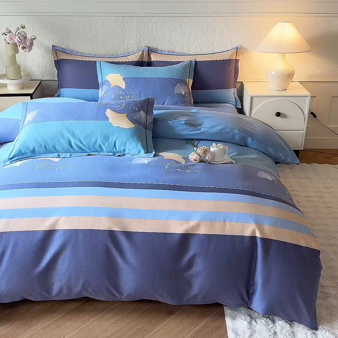 91家纺网 家纺一手货源 找家纺 木易家居 2026新款全棉磨毛印花四件套 若雨千叶