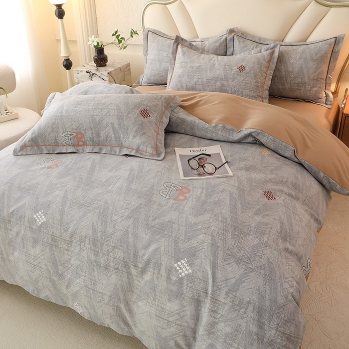 91家纺网 家纺一手货源 找家纺 木易家居 2026新款全棉磨毛印花四件套 哈伦-灰