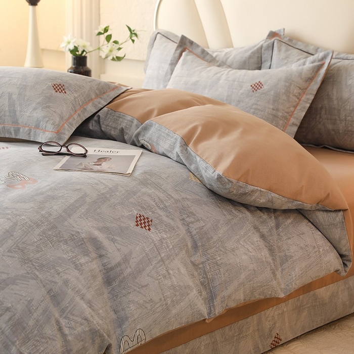 91家纺网 家纺一手货源 找家纺 木易家居 2026新款全棉磨毛印花四件套 哈伦-灰