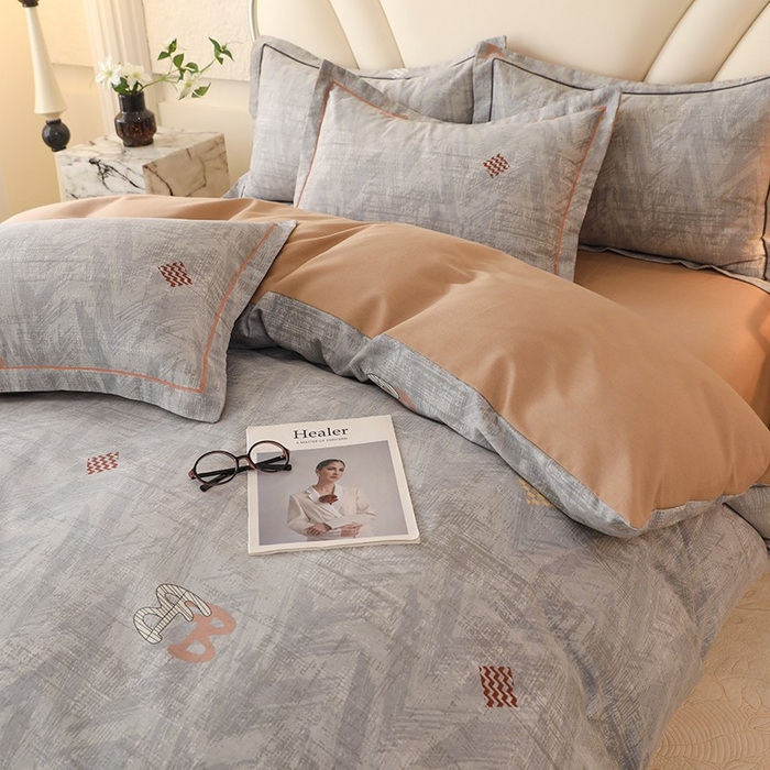 91家纺网 家纺一手货源 找家纺 木易家居 2026新款全棉磨毛印花四件套 哈伦-灰