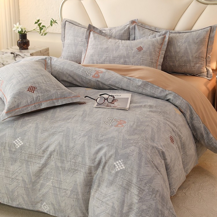 91家纺网 家纺一手货源 找家纺 木易家居 2026新款全棉磨毛印花四件套 哈伦-灰