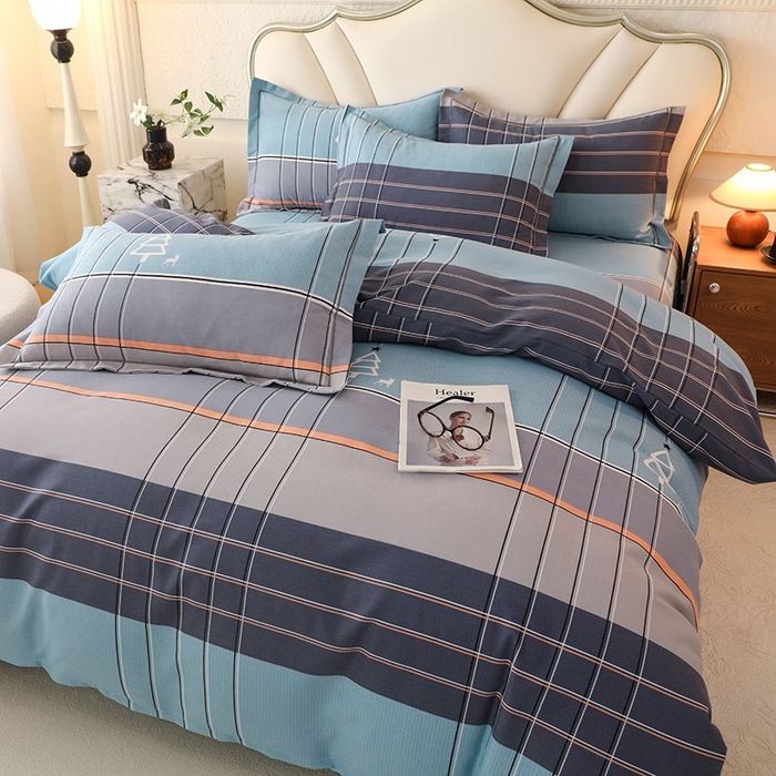 91家纺网 家纺一手货源 找家纺 木易家居 2026新款全棉磨毛印花四件套 蓝色迷蒙