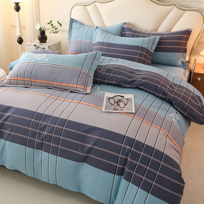 91家纺网 家纺一手货源 找家纺 木易家居 2026新款全棉磨毛印花四件套 蓝色迷蒙