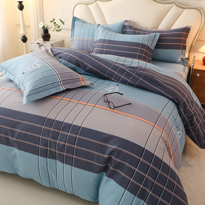 91家纺网 家纺一手货源 找家纺 木易家居 2026新款全棉磨毛印花四件套 蓝色迷蒙