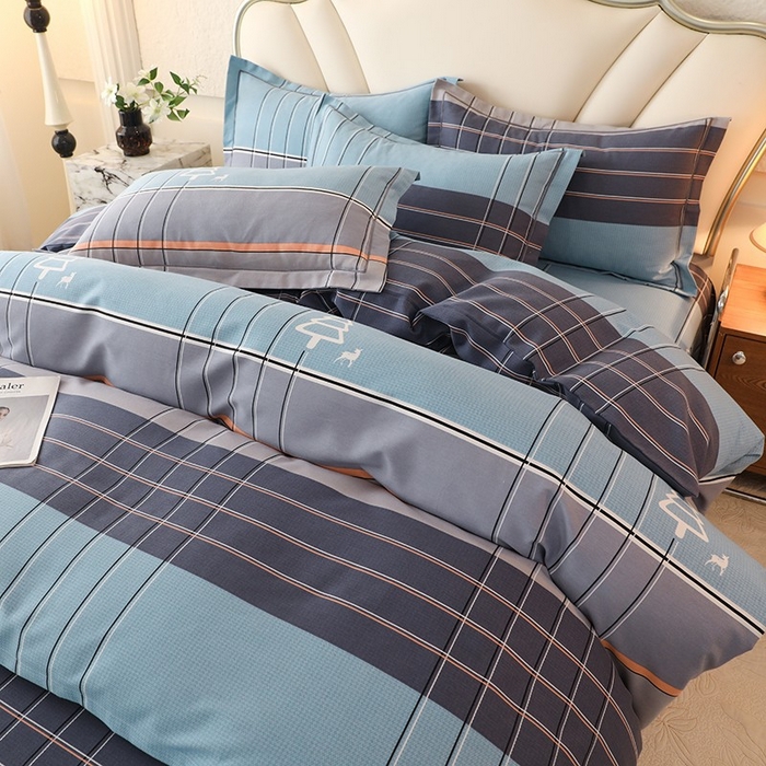 91家纺网 家纺一手货源 找家纺 木易家居 2026新款全棉磨毛印花四件套 蓝色迷蒙