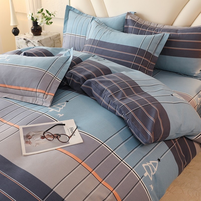 91家纺网 家纺一手货源 找家纺 木易家居 2026新款全棉磨毛印花四件套 蓝色迷蒙