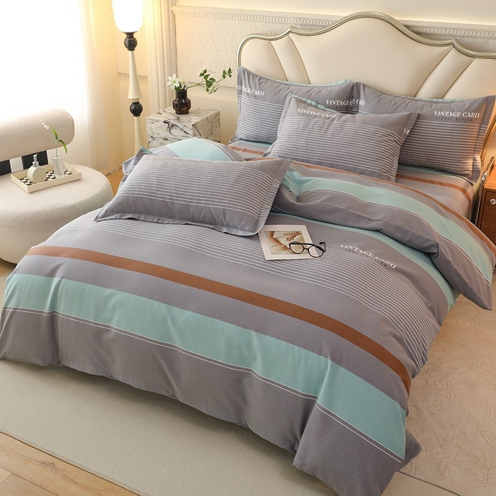 91家纺网 家纺一手货源 找家纺 木易家居 2026新款全棉磨毛印花四件套 绅士条纹