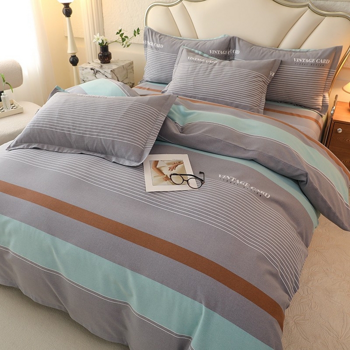 91家纺网 家纺一手货源 找家纺 木易家居 2026新款全棉磨毛印花四件套 绅士条纹