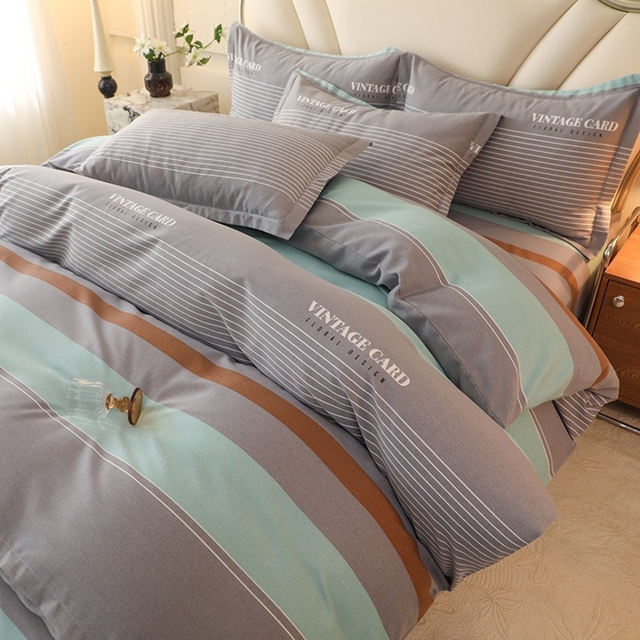 91家纺网 家纺一手货源 找家纺 木易家居 2026新款全棉磨毛印花四件套 绅士条纹