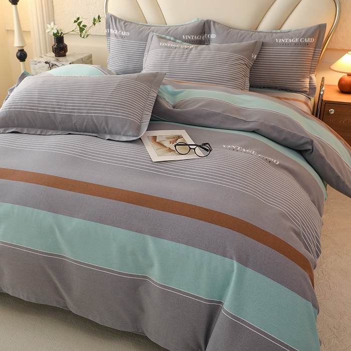 91家纺网 家纺一手货源 找家纺 木易家居 2026新款全棉磨毛印花四件套 绅士条纹