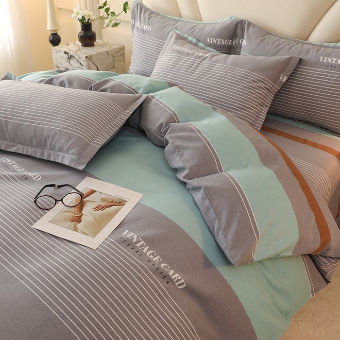 91家纺网 家纺一手货源 找家纺 木易家居 2026新款全棉磨毛印花四件套 绅士条纹